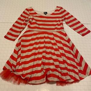 Pink and grey striped dress with mesh underskirt